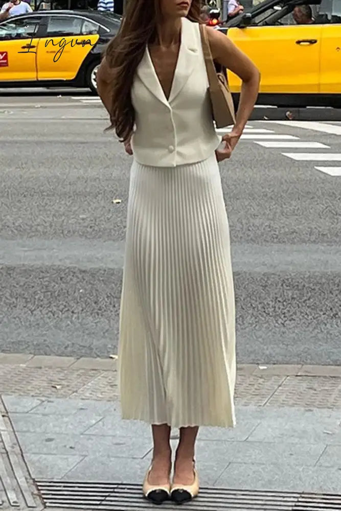 Elegant Solid Fold Pleated Turn-Back Collar Sleeveless Two Pieces White / S Pieces/Two-Piece Dress