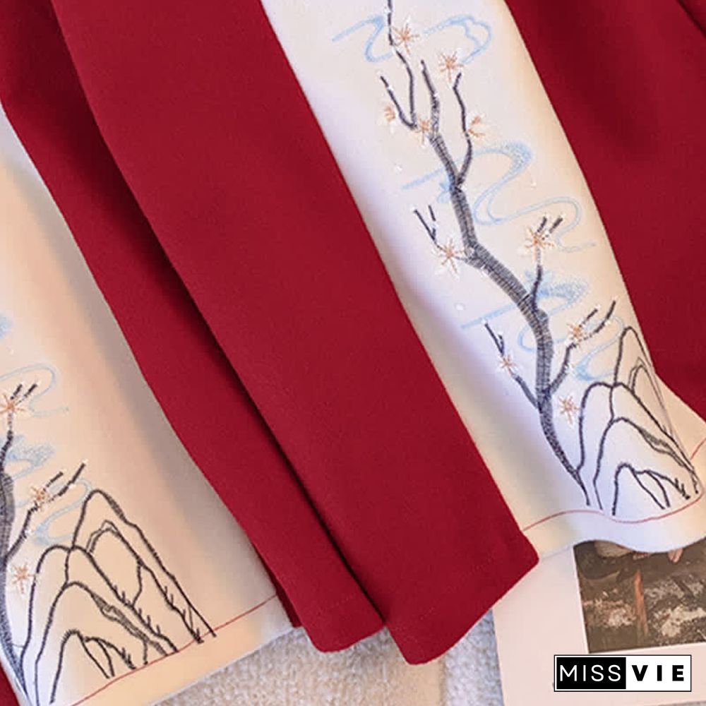 Vintage Embroidery Buckle Bowknot Hoodie Colorblock Skirt