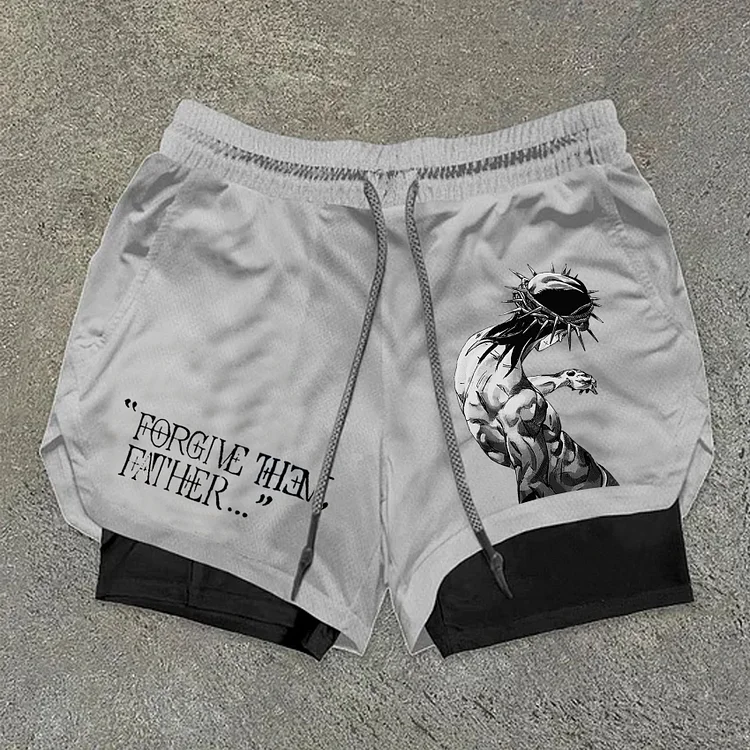 Men's "Anime SBR JoJo Jesus" Graphic Print Double Layer Quick Dry Gym Shorts