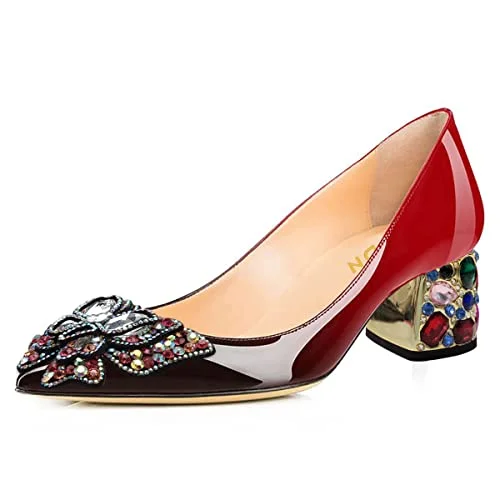 Patent Leather Red Shaded Butterfly Rhinestone Embellished Pumps 