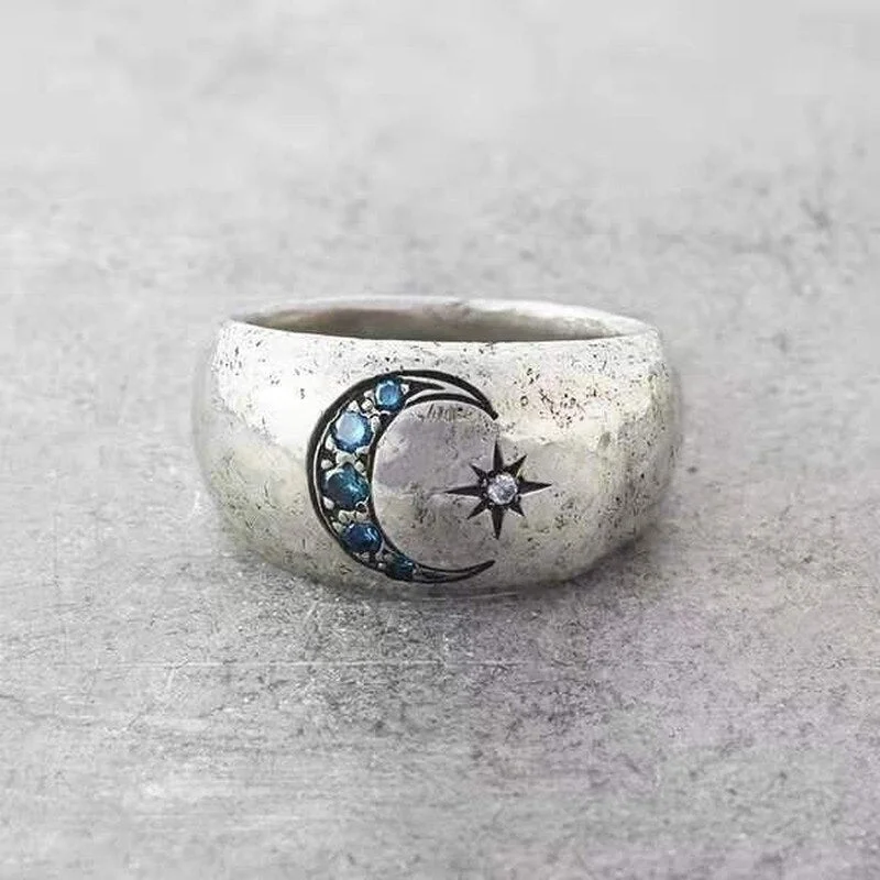 Vintage Metal Hand Carved Star Moon Ring Inlaid Blue Zircon Women's Daily Wear Popular Rings