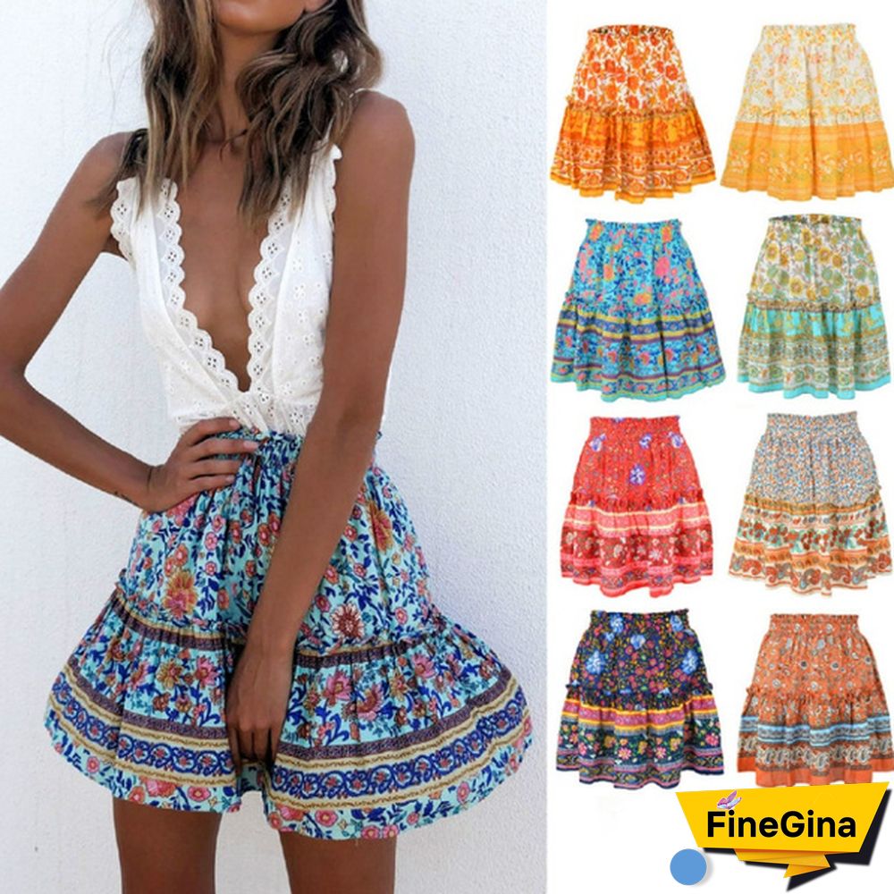 Women Fashion Casual Floral Short Skirts Summer High Waist Pleated Beach Skirt Beho Ruffle Dresses