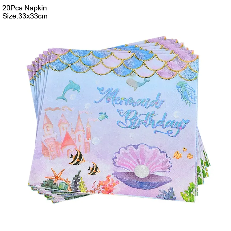 Mermaid Birthday Party Disposable Tableware Set Under The Sea Party Little Mermaid Girls 1st Birthday Decoration Shell Balloons