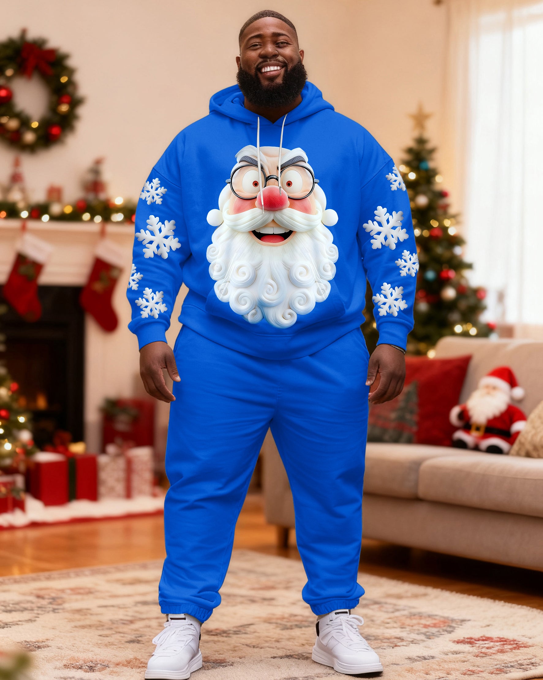 Big & Tall Men's Christmas Santa Claus with Snowflake Beard Hoodie Set