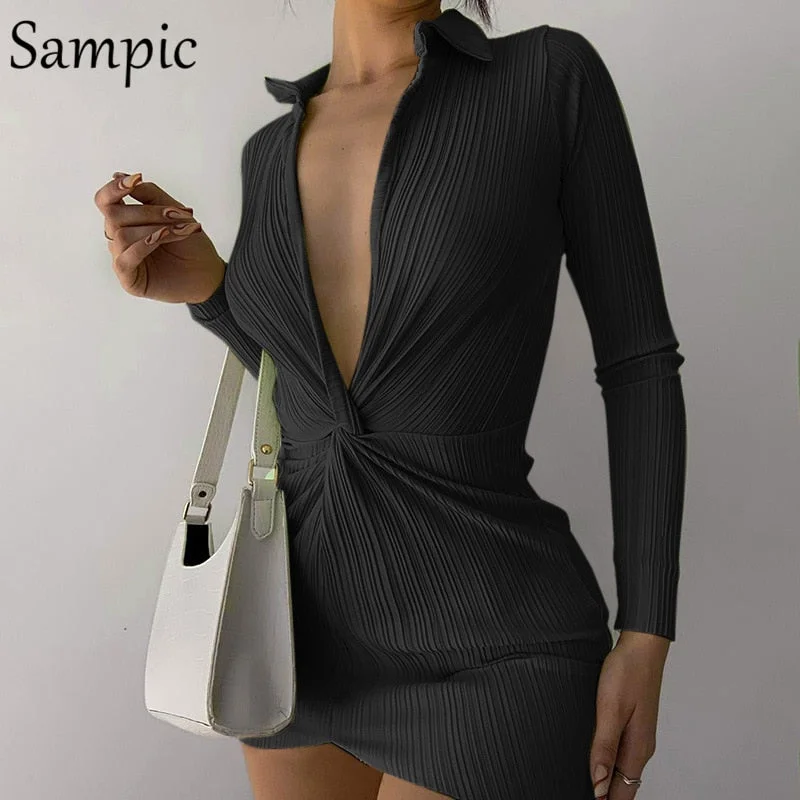 Sampic Dresses For Women 2021 Long Sleeve Dreep V Neck Striped Green Sexy Club Dress Bodycon Mini Wrap Ladies Dresses Y2K