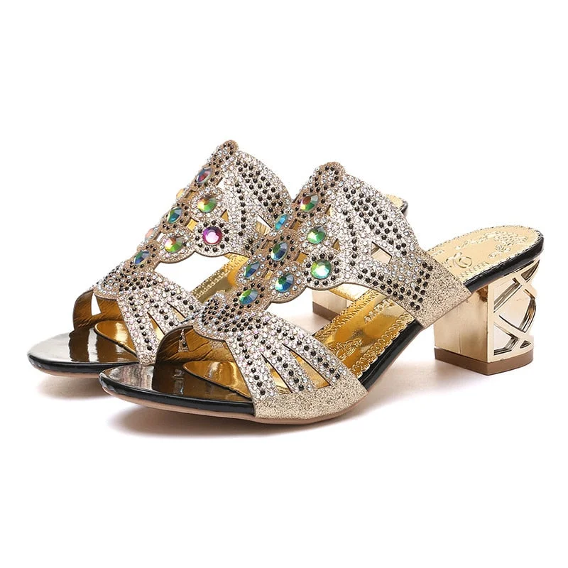 2020 Glitter Mesh Women Sandals Summer Fashion Peep Toe Casual Slippers Thick Heel Women Shoes Slip On Big Size 35-41