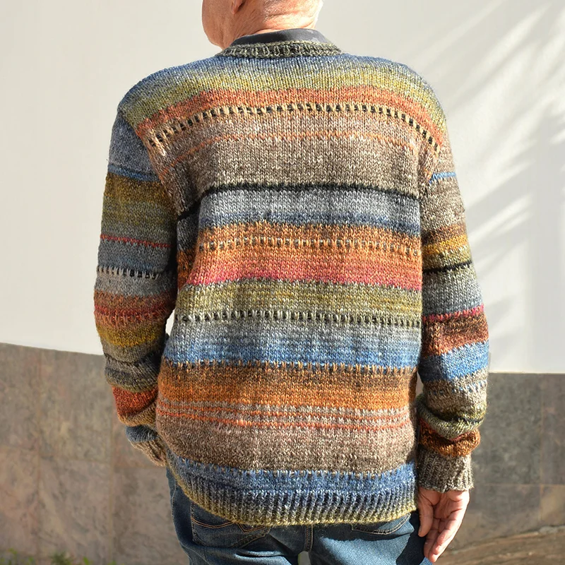 Vintage Colorful Striped Knitted Jacquard Iceland Crew Neck Sweater