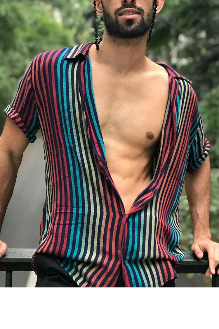Rainbow Gradient Striped Short Sleeve Casual Shirt [Pre-Order]