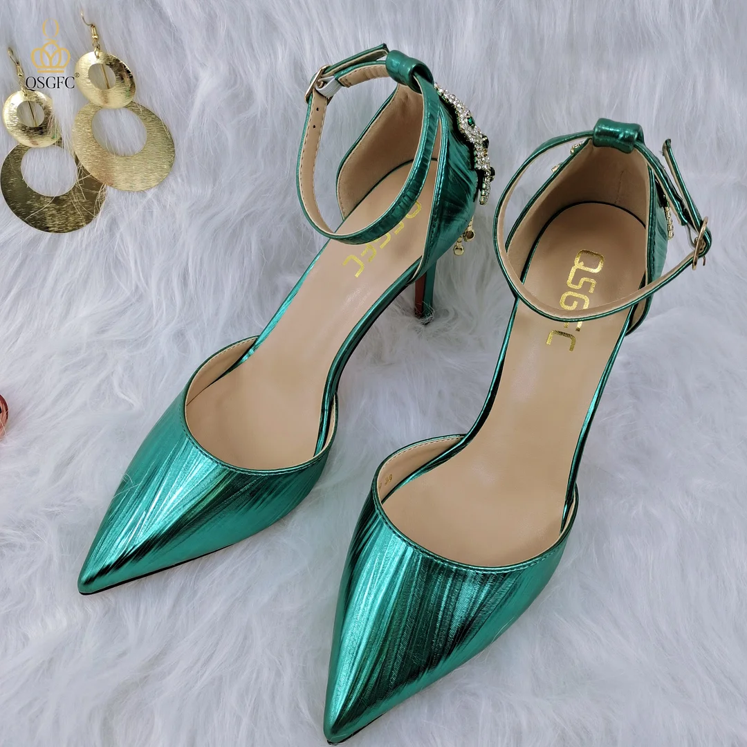 QSGFC 2022 New Arrival Sexy High Heel Pointed Elegant Noble Green Color Ladies Shoes and Bag Set For Any Occasion