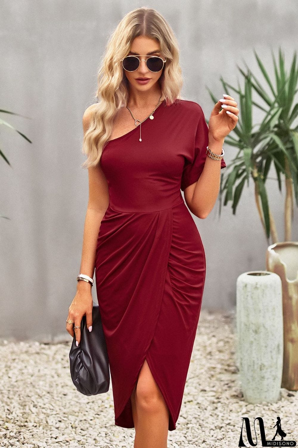 MidiSono - Ruched One-Shoulder Tulip Hem Dress