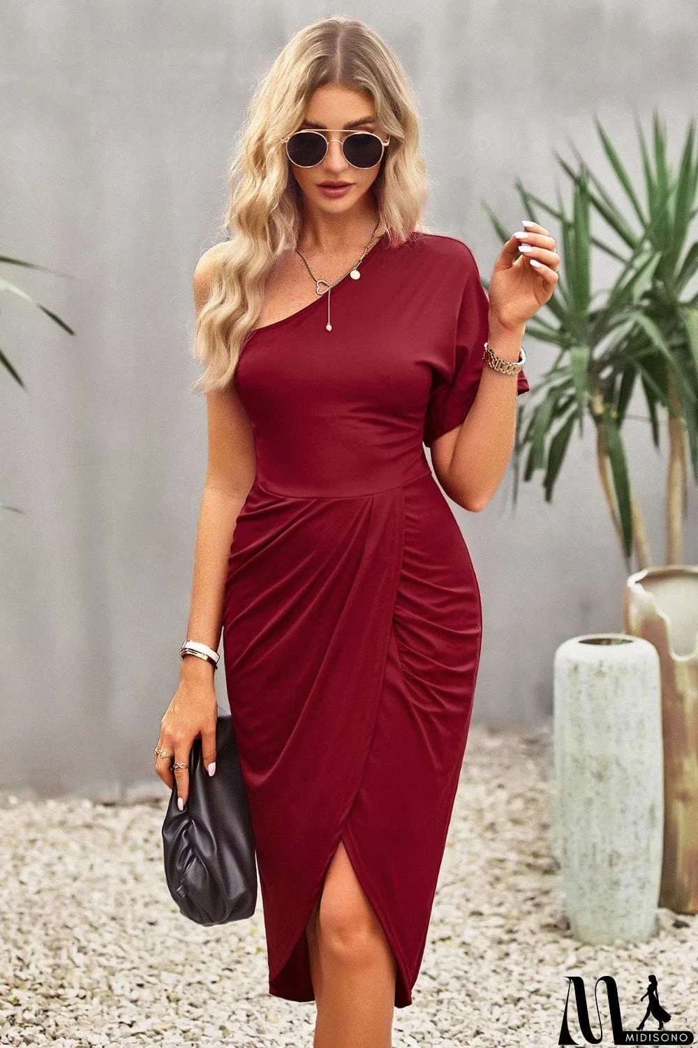 MidiSono - Ruched One-Shoulder Tulip Hem Dress