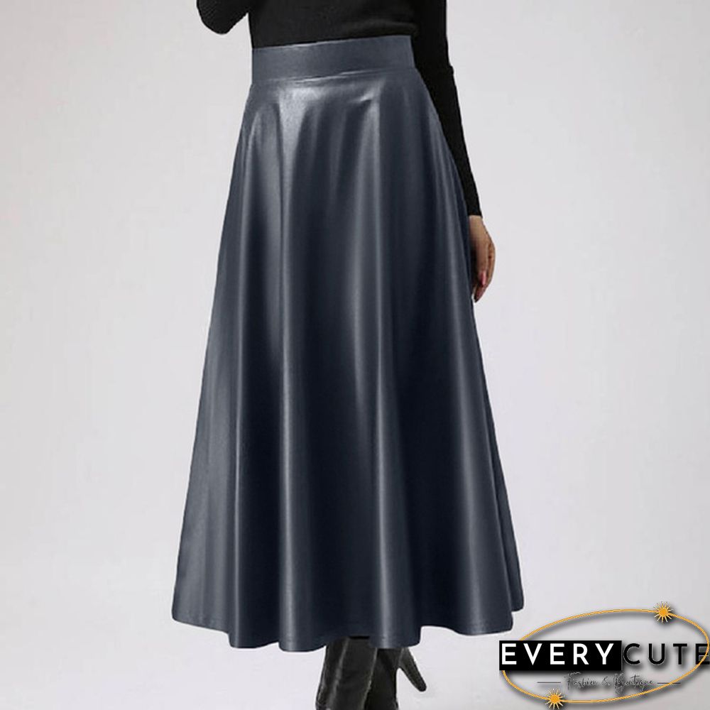S- Women Faux Leather Vintage Maxi Long Skirts High Waist Pleated Big Swing Skirt Dress