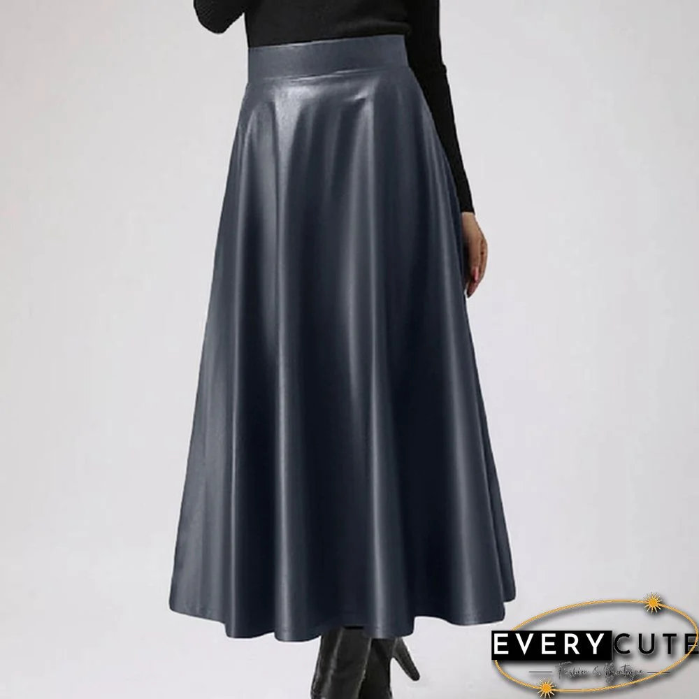S- Women Faux Leather Vintage Maxi Long Skirts High Waist Pleated Big Swing Skirt Dress