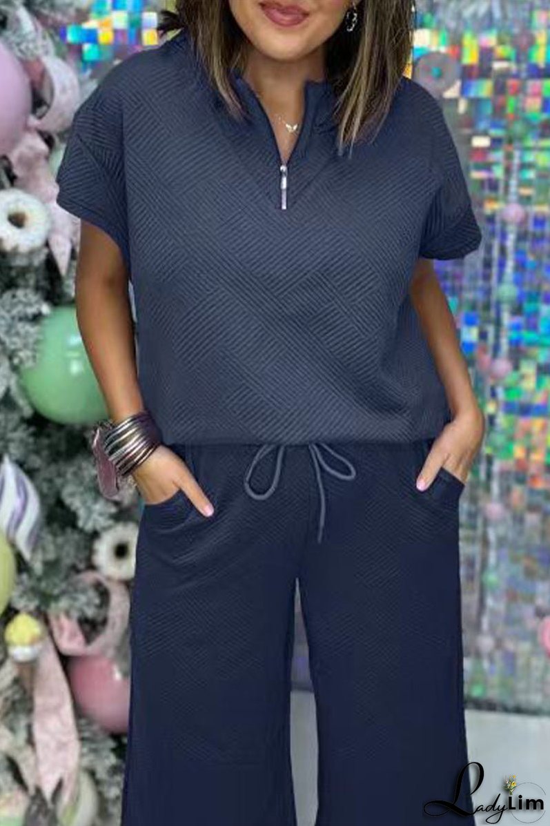 Casual Simplicity Solid Pocket Zipper Texture Turndown Collar Short Sleeve Two Pieces