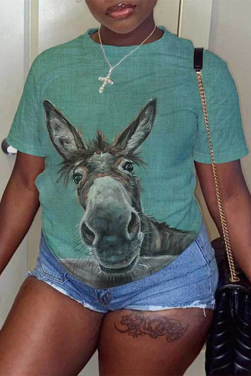 Grass Green Fashion Casual Print Basic O Neck T-Shirts | EGEMISS