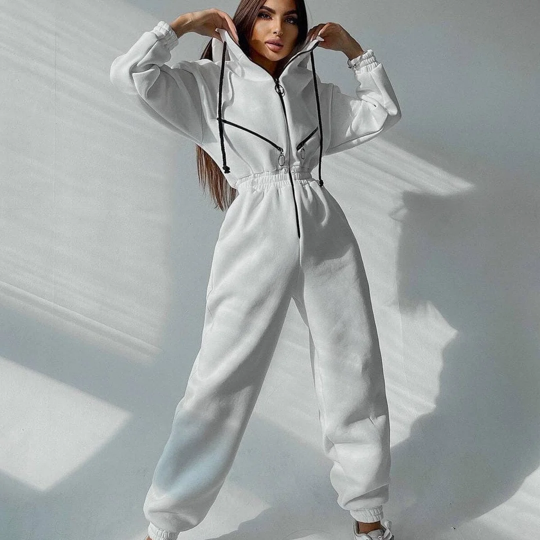 Tawnie Elegant Women's Jumpsuit Warm Overalls Fleece Hooded Zipper Drawstring Jumpsuit and Bodysuit Casual One Piece Ladies 2022