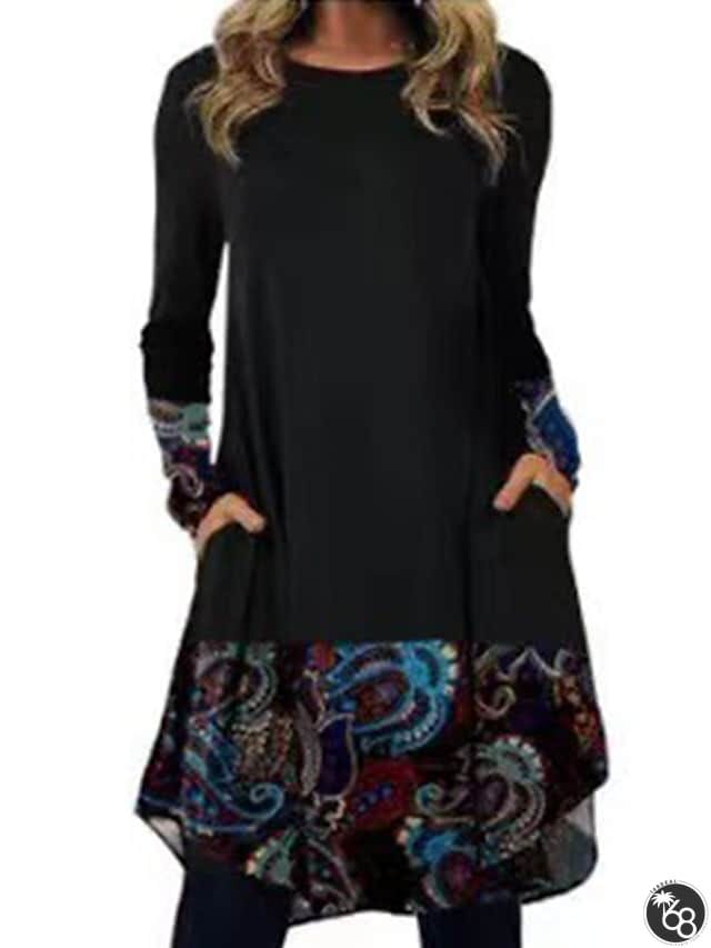 Women's Casual Dress T Shirt Dress Tee Dress Ethnic Dress Mini Dress Black Light Green Pink Long Sleeve Floral Pocket Winter Fall Spring Crew Neck Basic Winter Dress Daily Vacation 2023 S M L XL XXL | 168DEAL