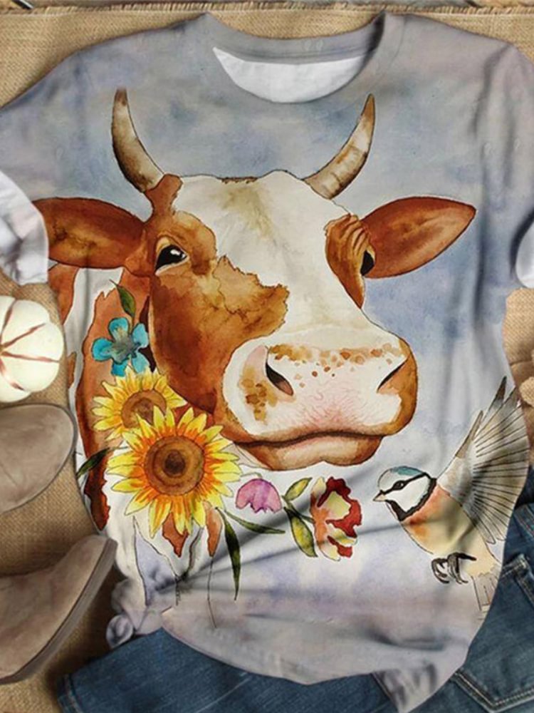 Artwishers Floral Cow Print Comfy T Shirt