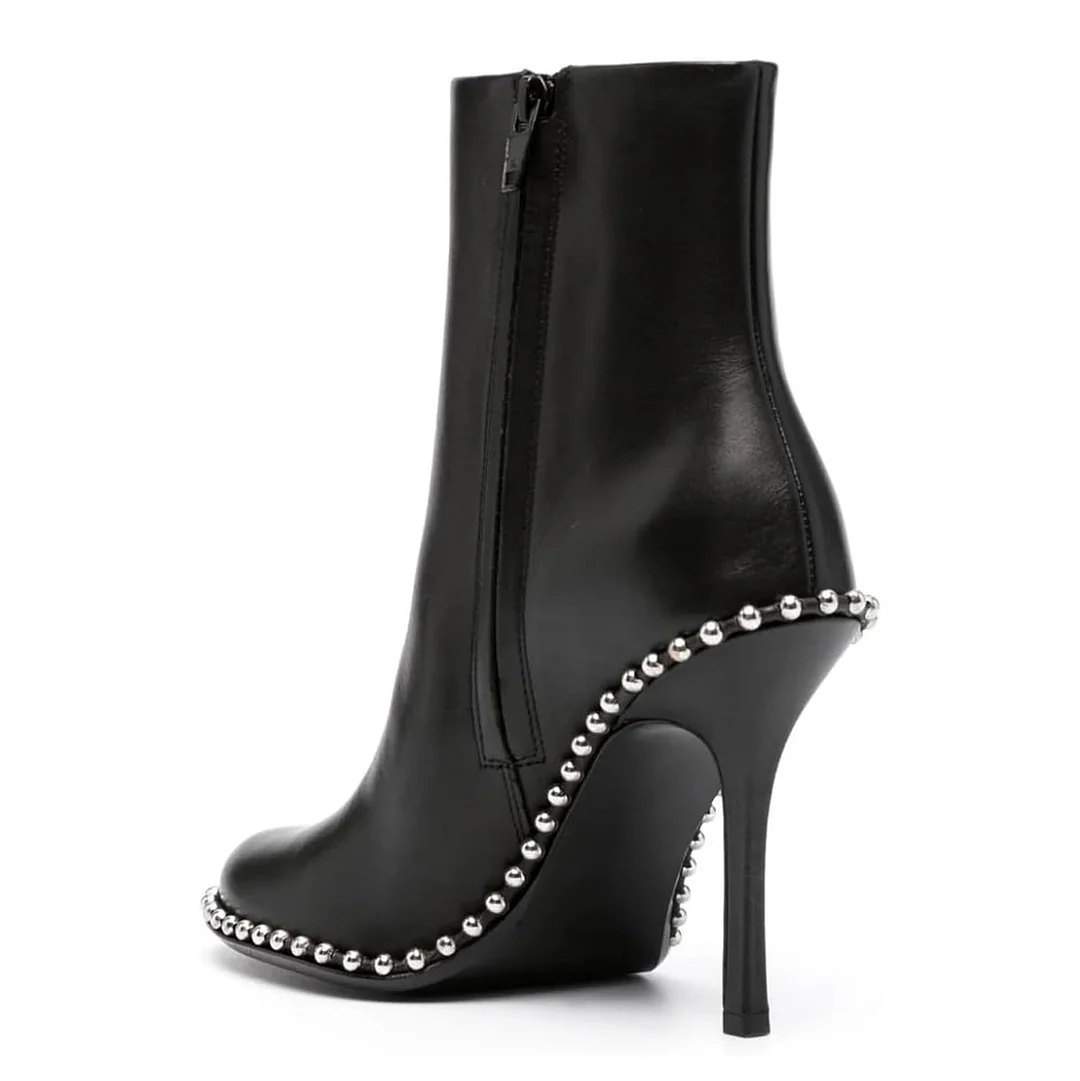 Black Vegan Leather Round Toe Silver Studded Stiletto Heel Ankle Boots