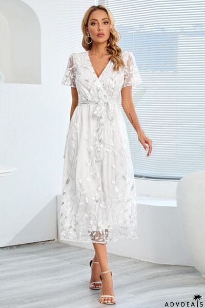 Sequin Leaf Embroidery Tie Front Short Sleeve Dress
