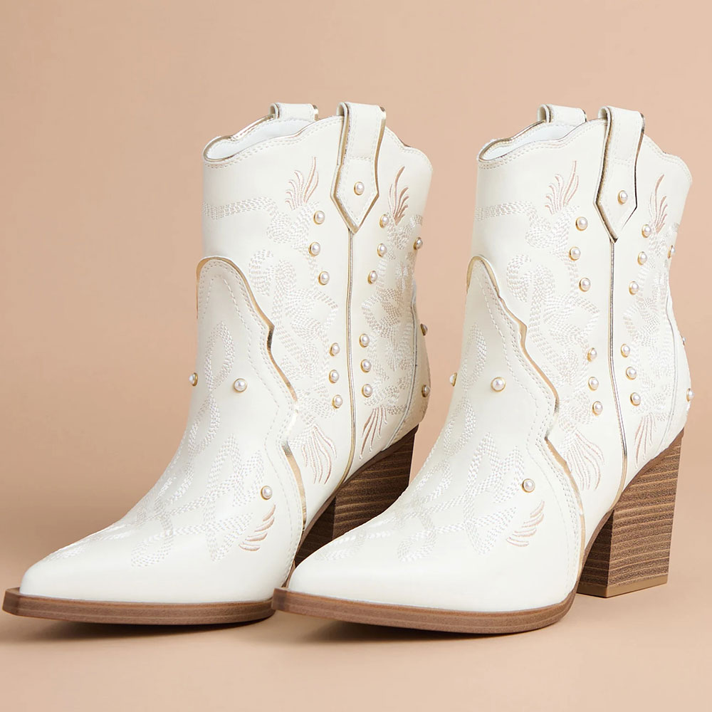 White Pointed Toe Pearl Embroidered Block Heel Cowgirl Boots