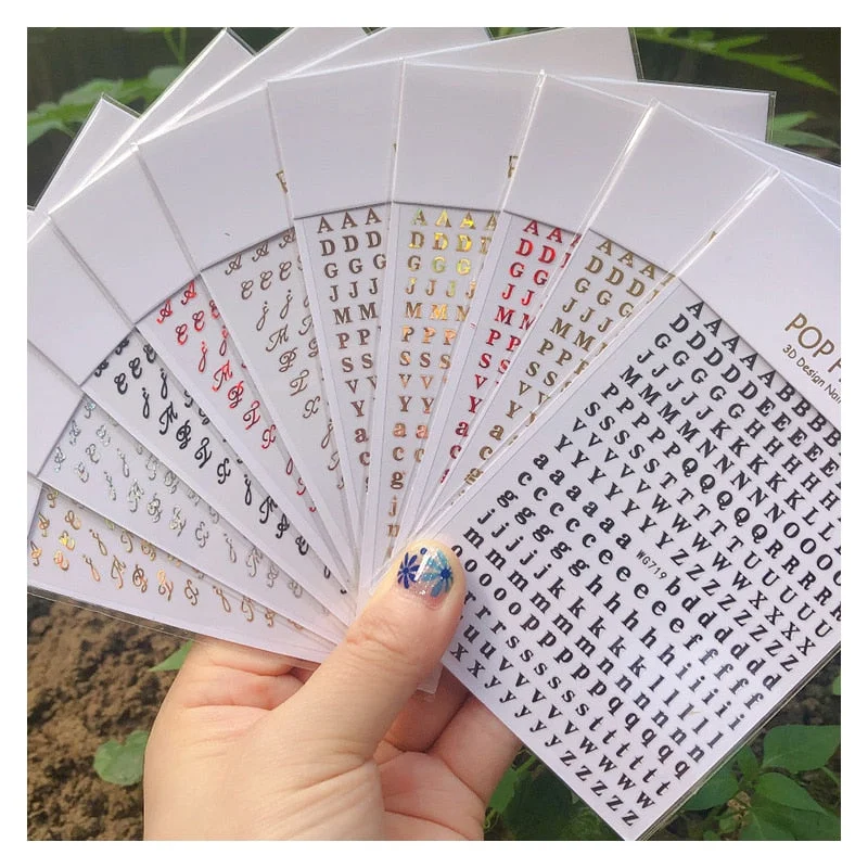 1 Sheet New Roman English Alphabet Number 3D Nail Stickers Christmas Animals iridescent Gold Silver Word Small Letters Nail