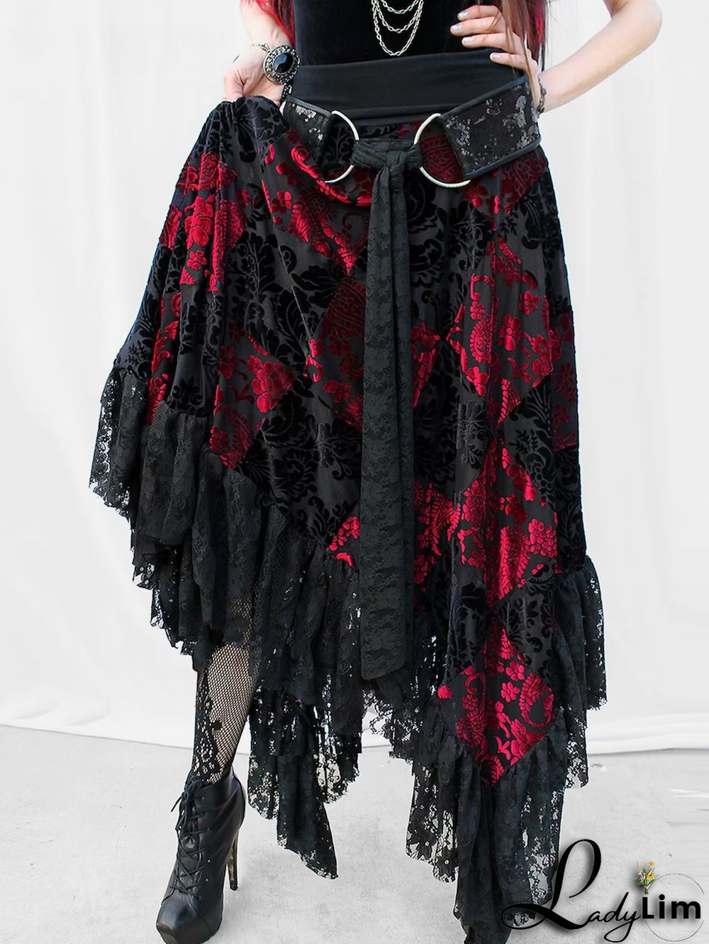 Fashion Colorblock Lace Buckle Belt Asymmetric Hem Velvet Midi Skirt