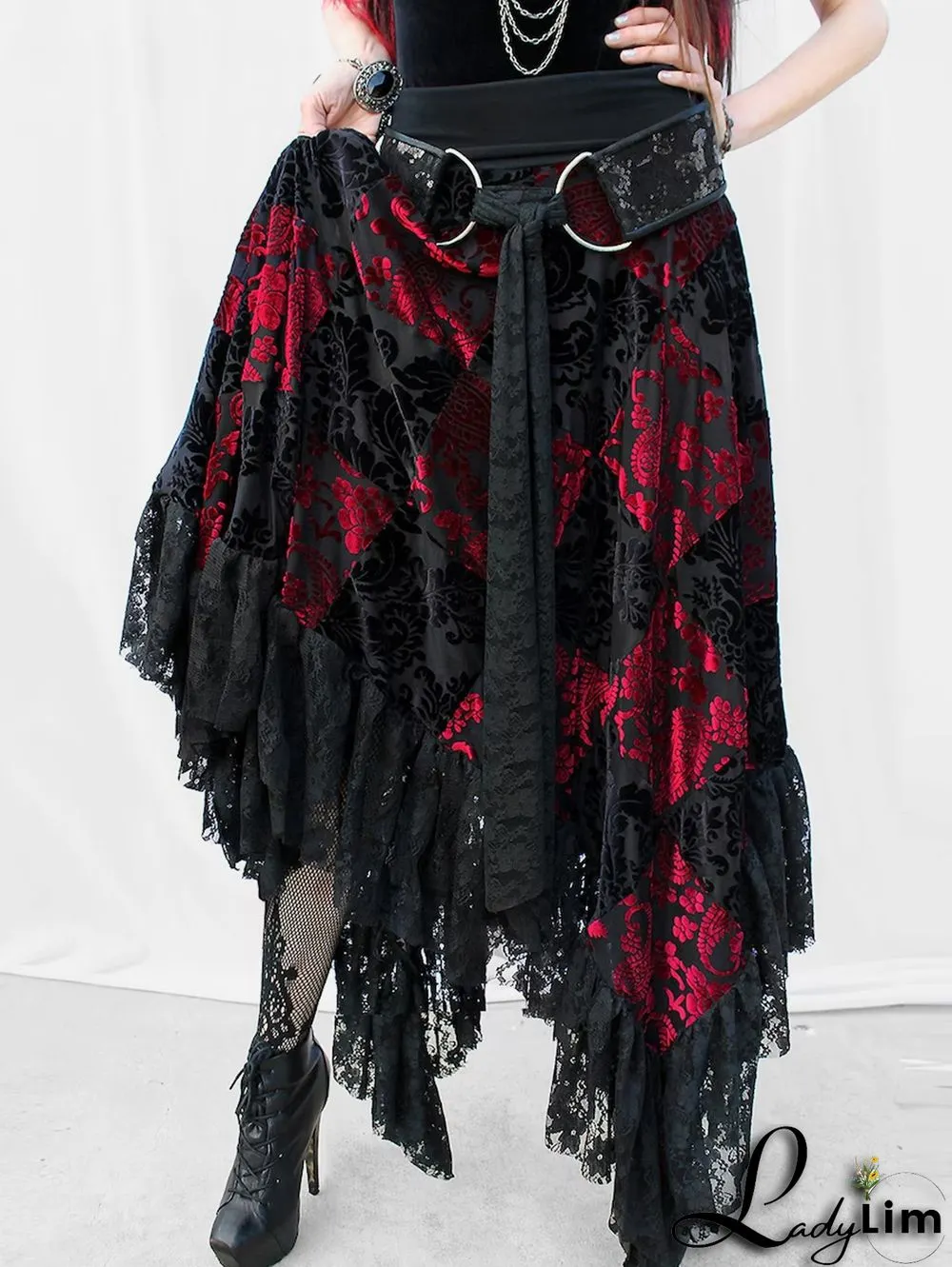 Fashion Colorblock Lace Buckle Belt Asymmetric Hem Velvet Midi Skirt