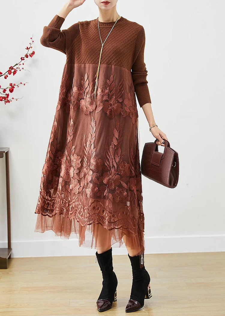 Coffee Patchwork Knit Holiday Dresses Embroideried Fall