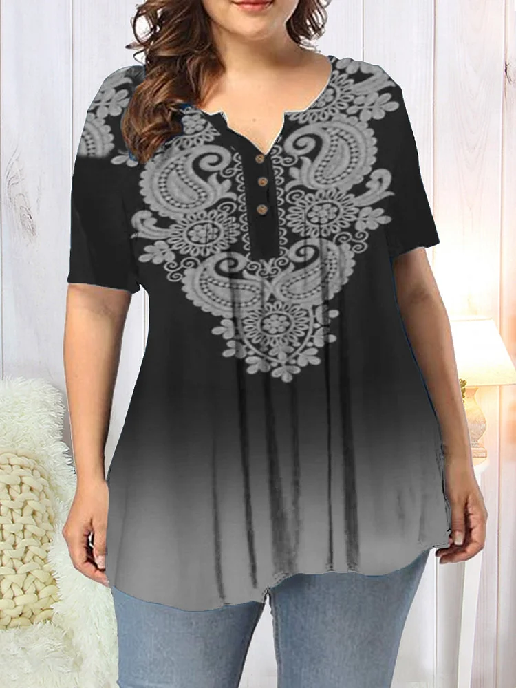 Women's V Neck Printed Plus Size Top