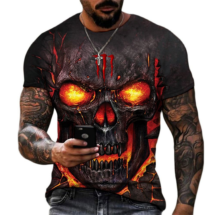 Fire Skull Crew Neck Short Sleeves Skeleton 3D Print Mens T-shirts at Hiphopee