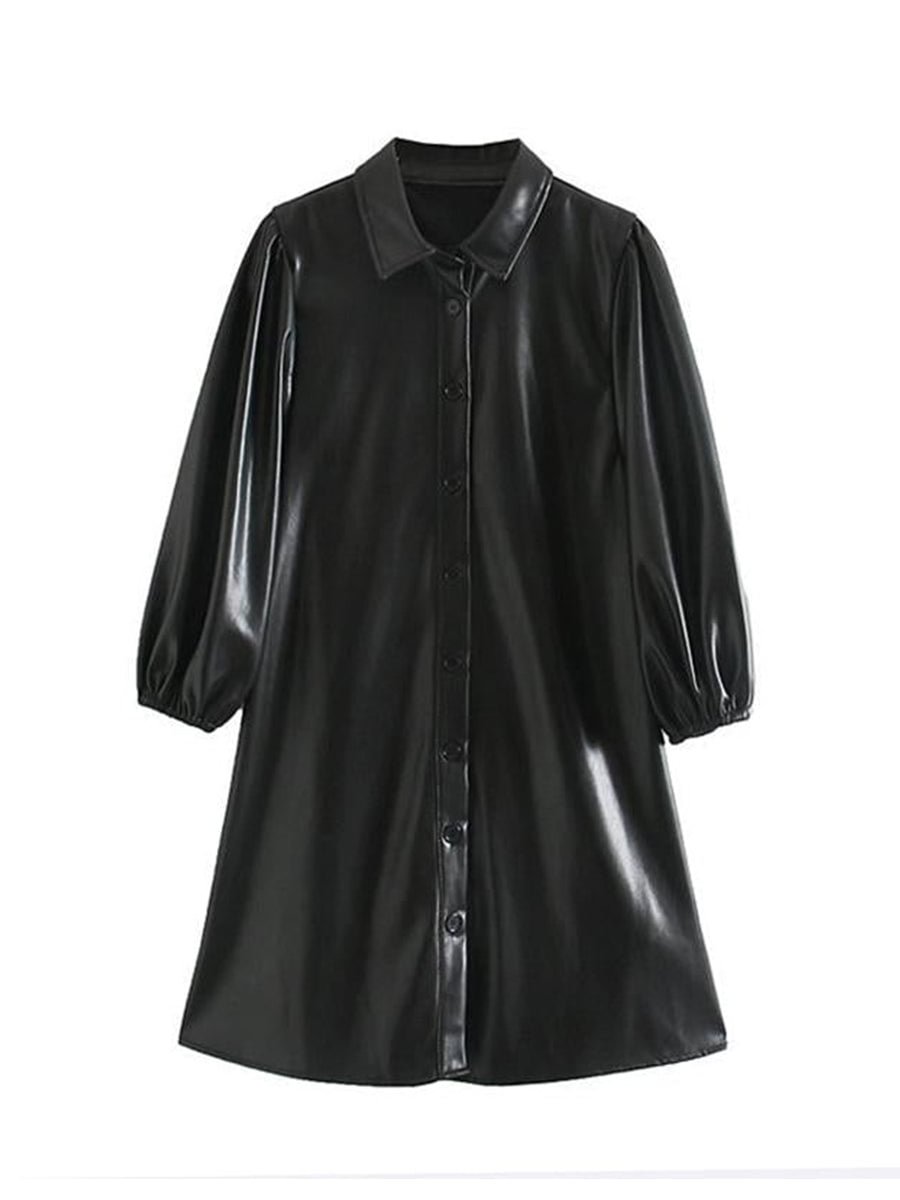 Women Black Color PU Leather Lantern Long Sleeve Mini Dress