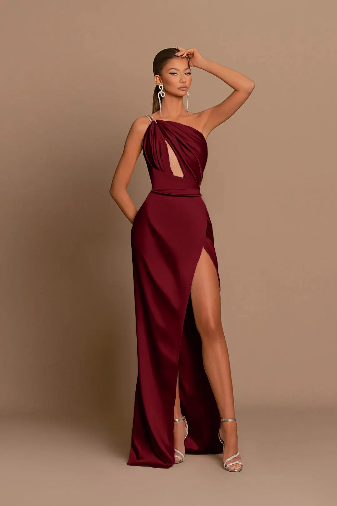 One Shoulder Spaghetti Straps Dress With Slit Grape