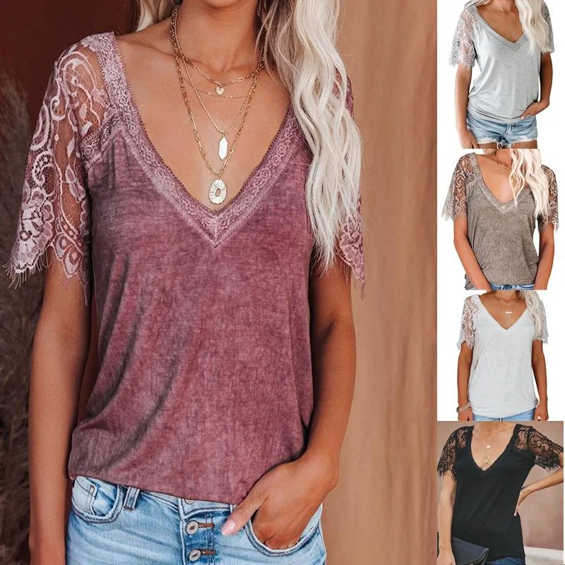 Summer V-Neck Feather Lace Lace Sleeve T-Shirt