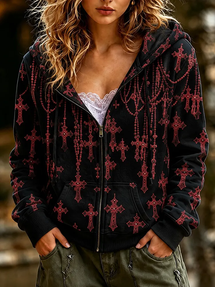 Women's Retro Halloween Style Cross Print Sweatshirt Jacket
