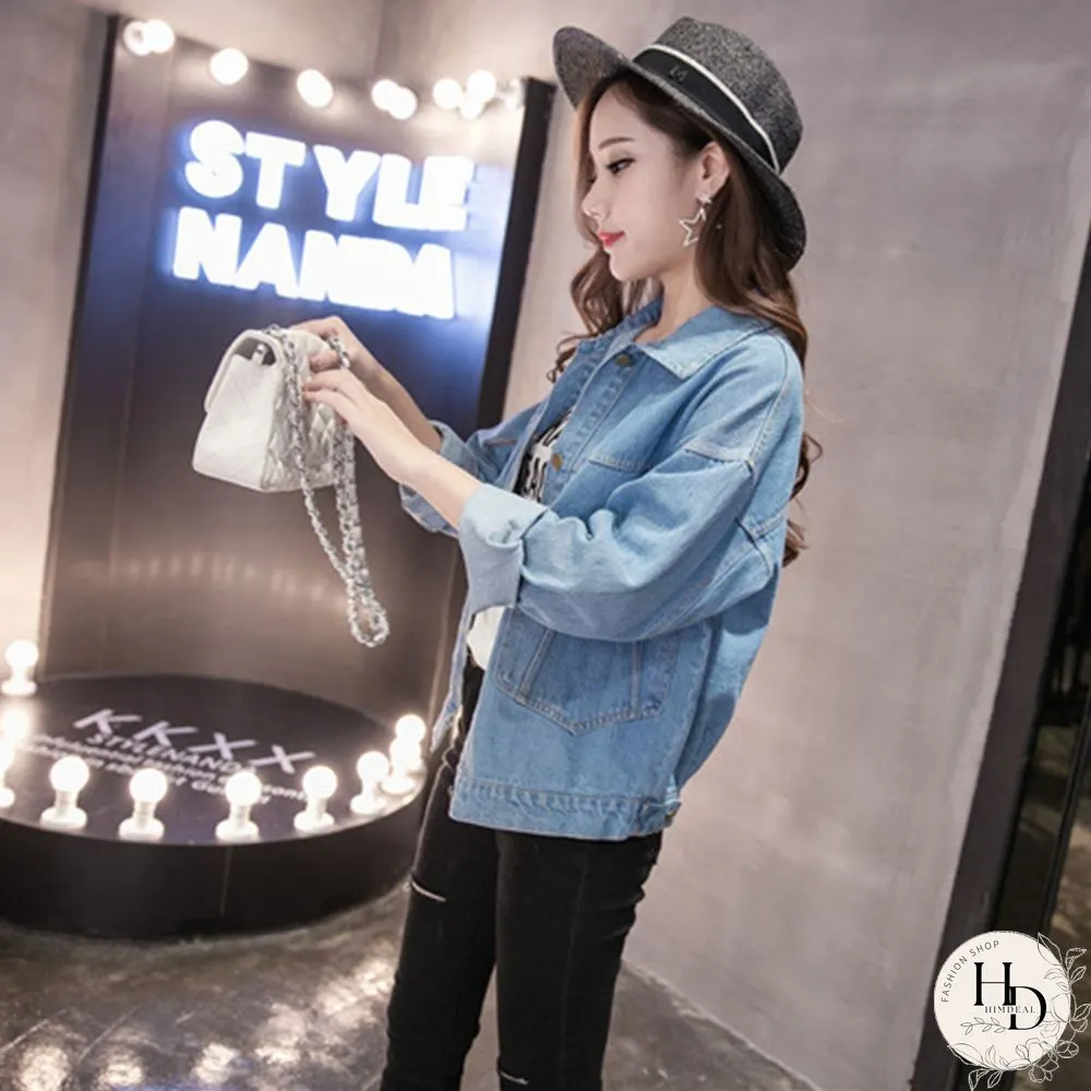Spring Autumn Korean Style Denim Jacket Women Turn-Down Collar Long Sleeve Button Tops