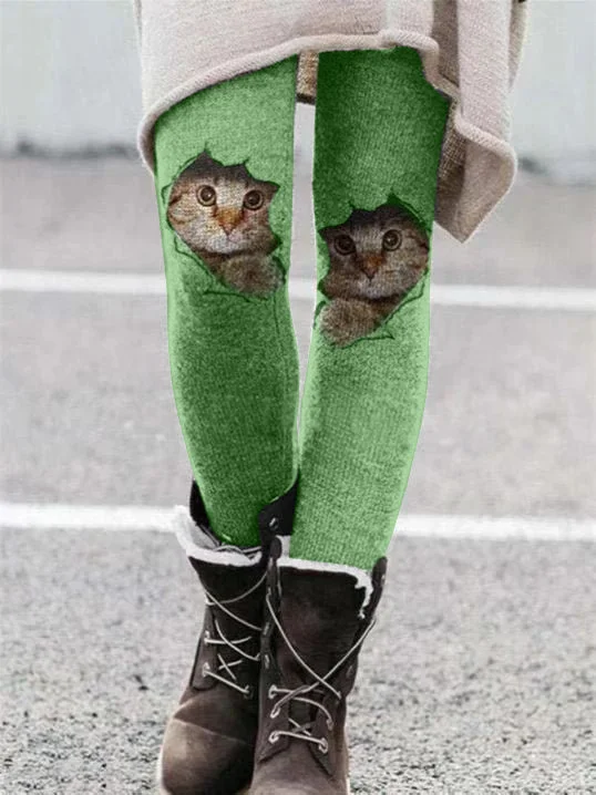 Women's Cat Elastic Waist Printed Casual Pants Leggings