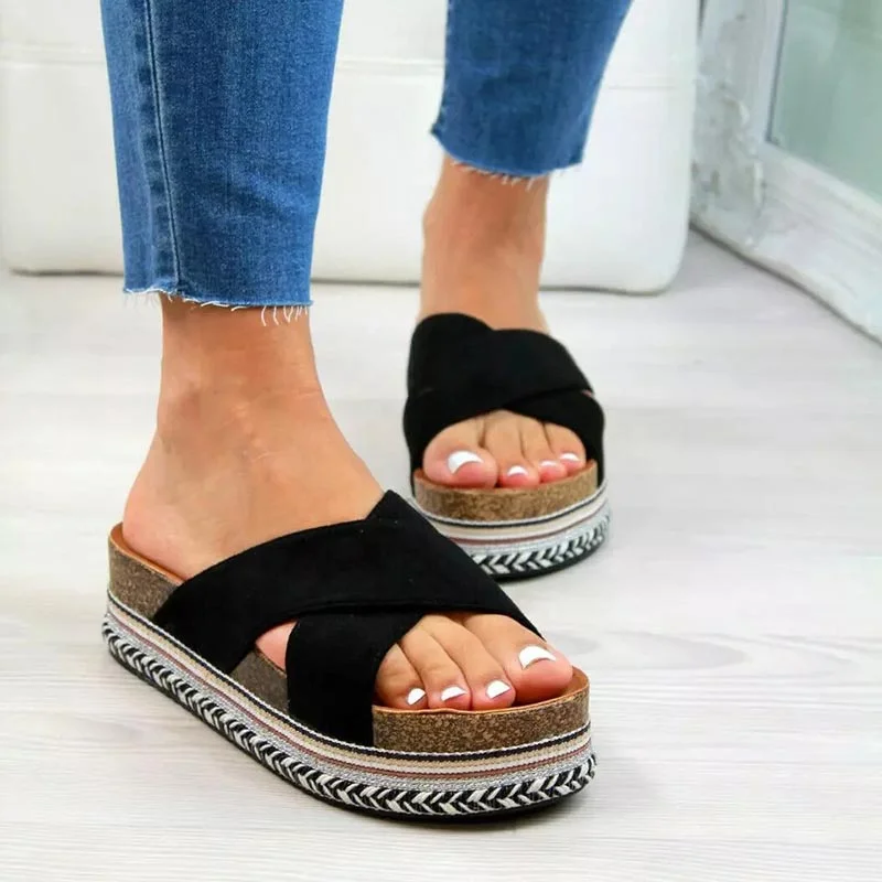 Summer Women Slippers Ethnic Wind Cross Strap Slides Women Shoes Thick Bottom Seaside Beach Outdoor Plus Size 43 Slippers Ladies