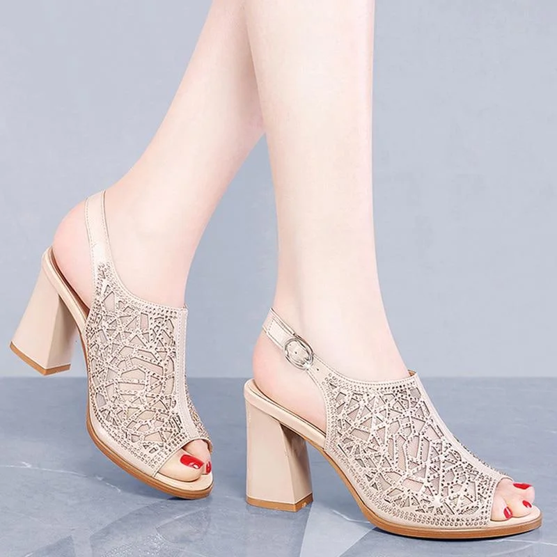 Women Peep Toe High Heels Mesh Hollow Out Pumps Sandals Crystal Back Strap Party Shoes