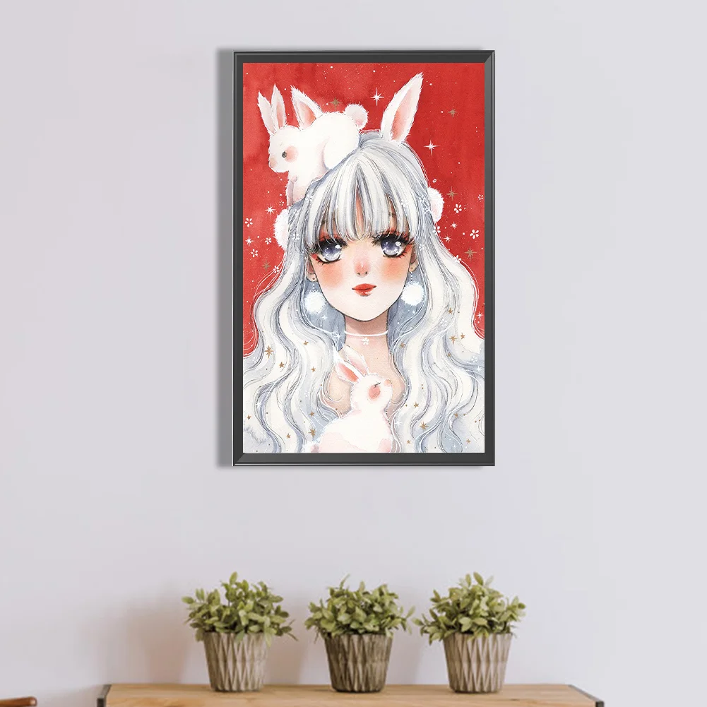Full Round Diamond Painting 30*50cm - White Hair Bunny Ears Girl