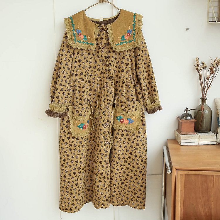 Queenfunky cottagecore style Thick Fleece Lined Embroidered Floral Coat QueenFunky