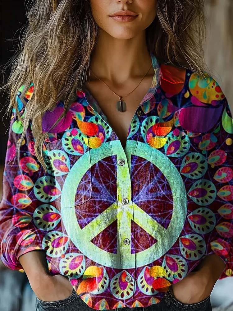 Women's Trippy Hippie Print Casual Long Sleeve Comfortable Cotton Shirt