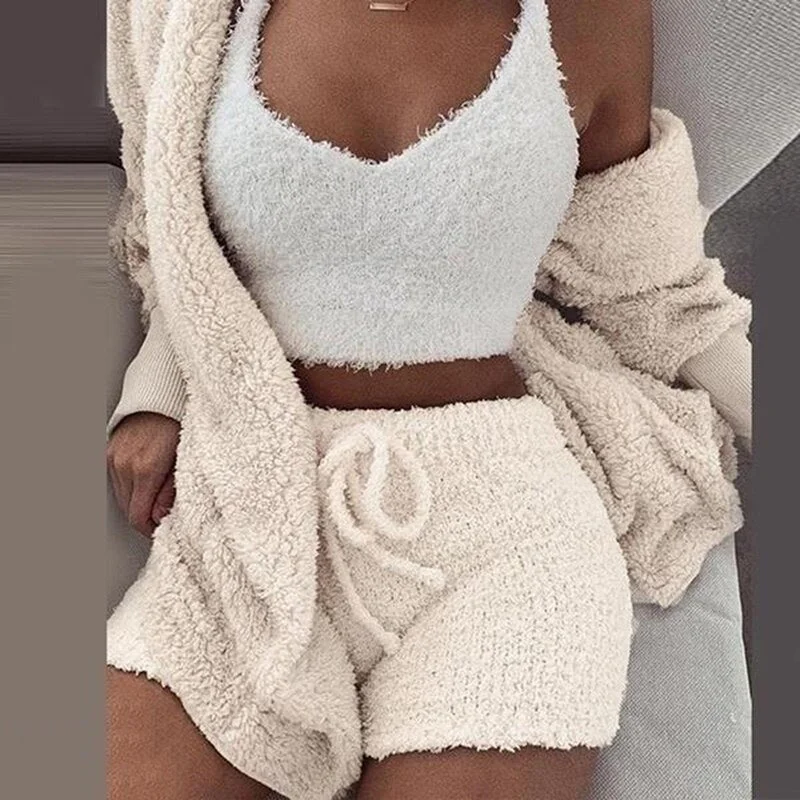 3PCS/Sets Sexy Fluffy Suits Hooded Coral Velvet Plush Coat+Shorts+Crop Top Women Tracksuit Casual Sports Overalls Sweatshirts