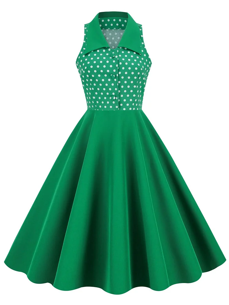 Green 1950s Lapel Collar Polka Dots Swing Dress