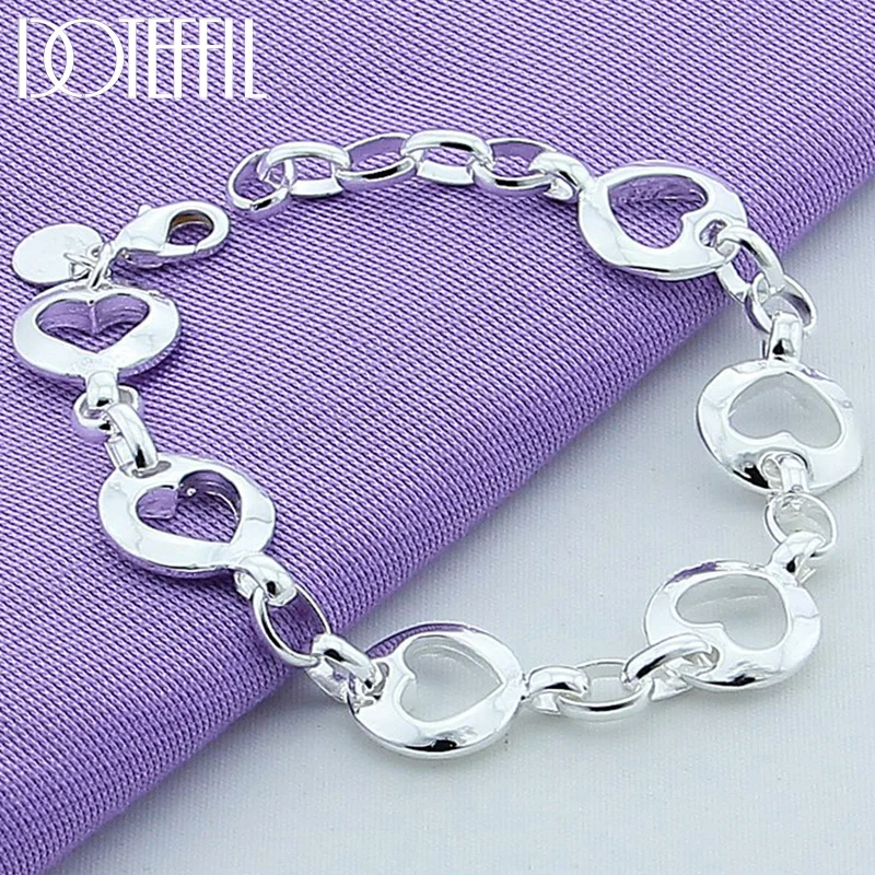 DOTEFFIL 925 Sterling Silver Full Heart Chain Bracelet Fashion For Women Jewelry