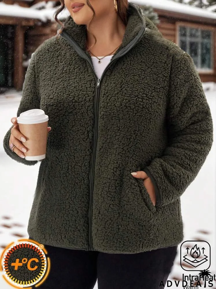 Plus Size Women's Solid Color Fleece Zip-Up Collar Pocket Casual Loose Jacket, Autumn/Winter