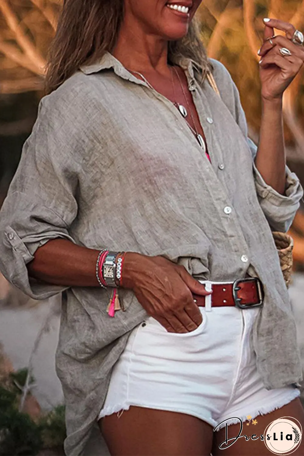 Casual Solid Buckle Turndown Collar Tops