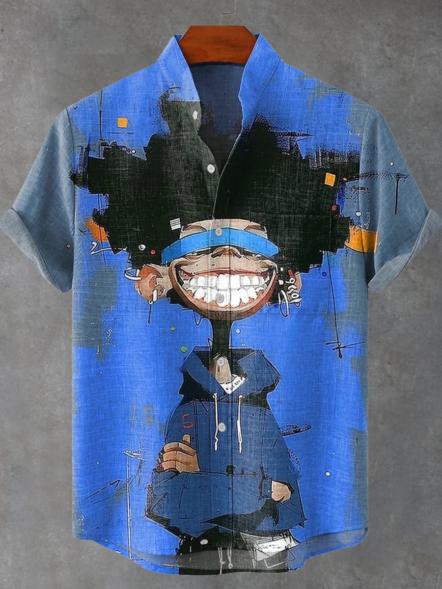 Vintage Abstract Black Child Portrait Painting Art Print Casual 100% Cotton Shirt