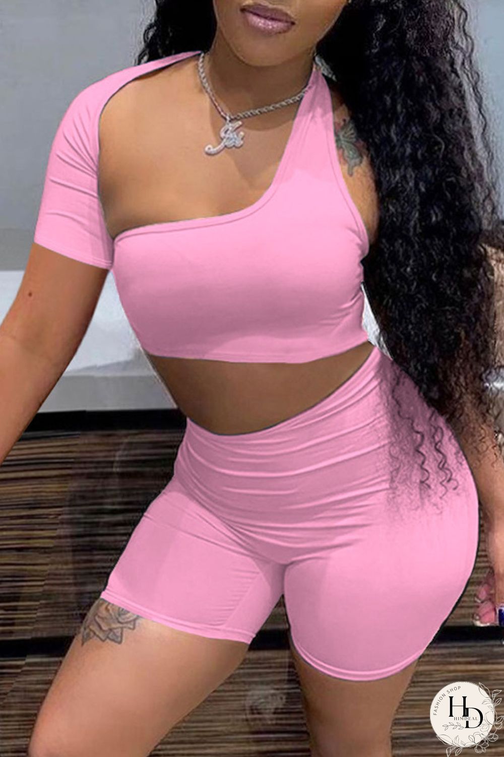 Blue Sexy Solid Hollowed Out Asymmetrical Collar Short Sleeve Two Pieces