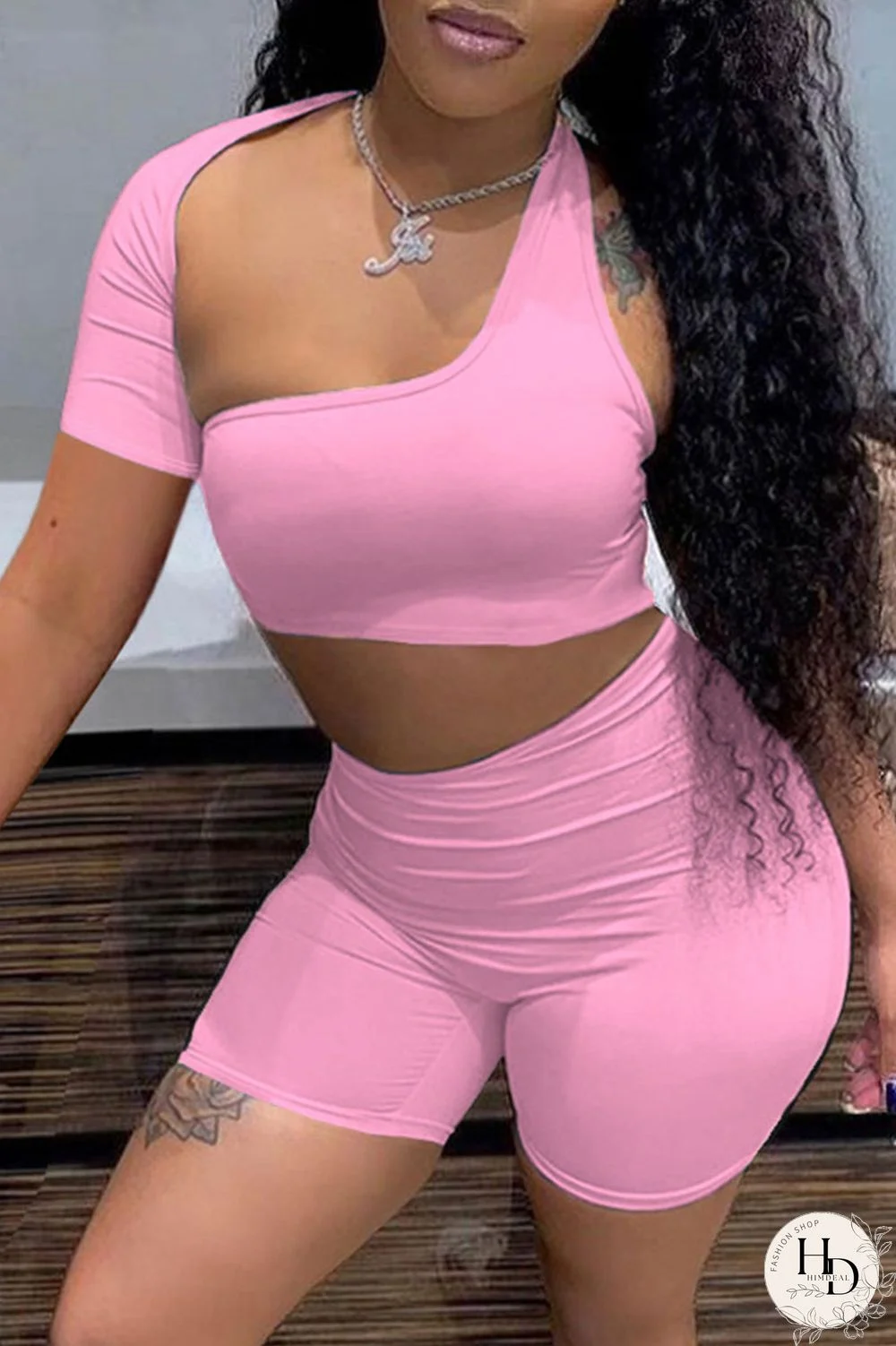 Blue Sexy Solid Hollowed Out Asymmetrical Collar Short Sleeve Two Pieces